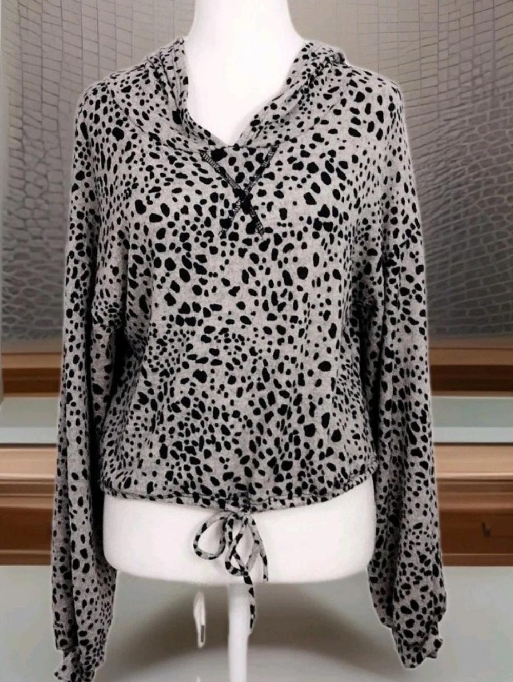 Women’s Grey and Black Printed Drawstring Hoodie